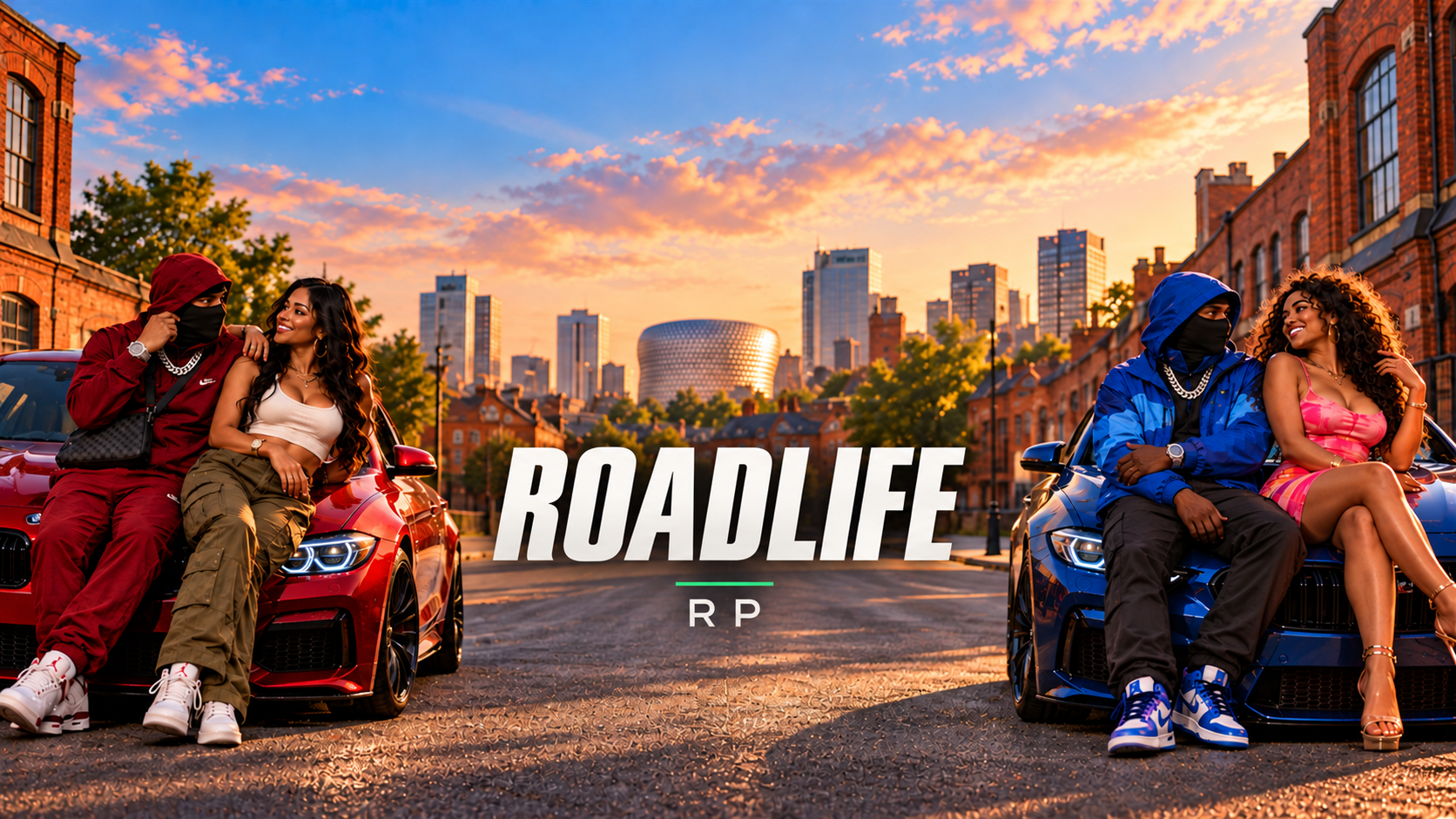 RoadLife RP original community banner: friends and performance cars at sunset