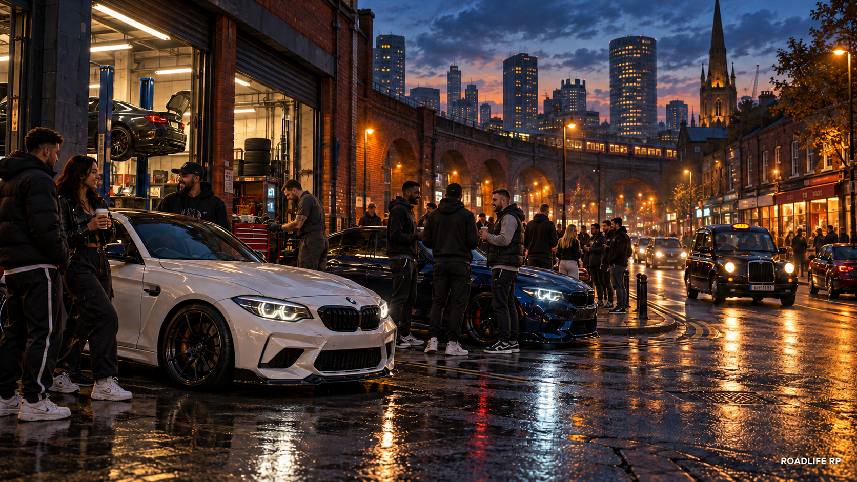 RoadLife RP branded artwork: a British street car meet and mechanic workshop at dusk